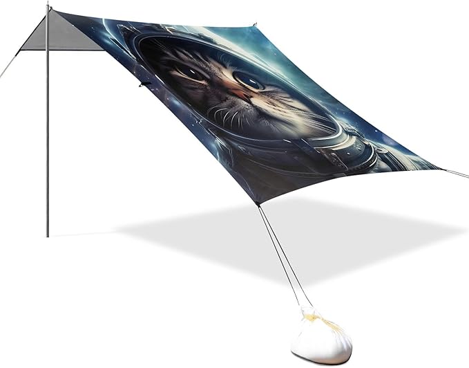 ALAZA Cat Astronaut Beach Tent Sun Shelter UPF50+ Protection Beach Shade Canopy w/ 4 Sandbags for Outdoor Camping Fishing Backyard Fun Picnic 10x9 ft