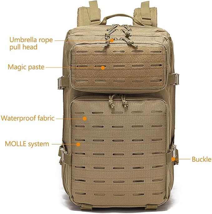 45L Military Tactical Backpack For Men Molle Daypack 3 Day Bug Out Bag Hiking Fishing Backpack Rucksack (Mud Color)