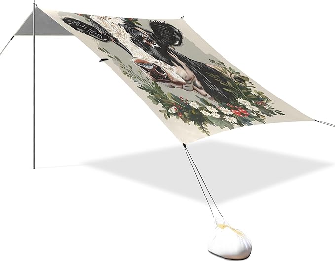 ALAZA Cow Portrait Wreath Beach Tent Sun Shelter UPF50+ Protection Beach Shade Canopy w/ 4 Sandbags for Outdoor Camping Fishing Backyard Fun Picnic 10x9 ft