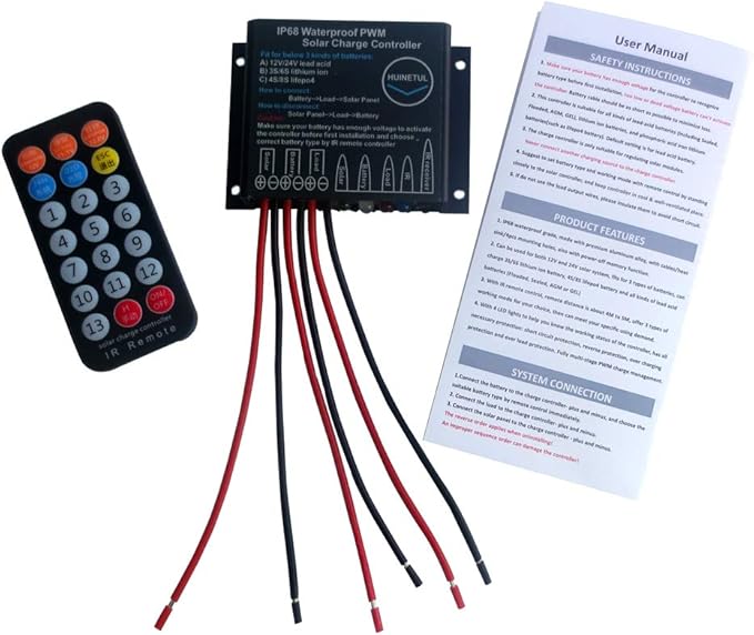 Multifunctional HUINETUL 15A Waterproof Lithium ion Lifepo4 Battery Charge Controller Regulator with IR Remote Control Fit for Lead Acid Lithium Ion Lifepo4 Battery