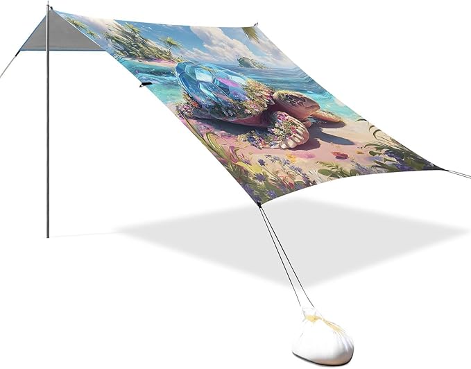 ALAZA Sea Turtle Beach Palm Beach Tent Sun Shelter UPF50+ Protection Beach Shade Canopy w/ 4 Sandbags for Outdoor Camping Fishing Backyard Fun Picnic 10x9 ft