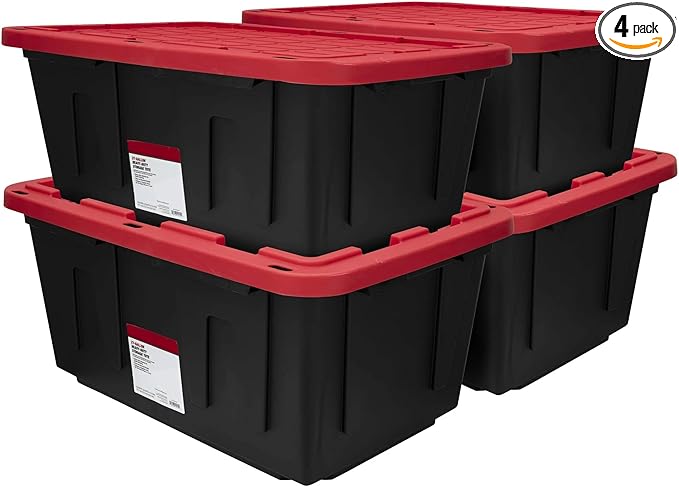 K&ampJ CHIPMUNK 27 Gallon Stackable Snap Lid Plastic Storage Bin Container Black with Red Lid Set of 4