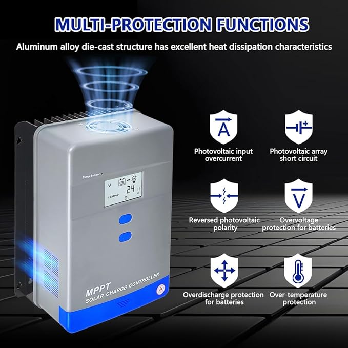 60A MPPT Solar Charge Controller 12V/24V/36V/48V Auto Battery Regulator LCD DisplayMAX PV Panel Input 3120W for AGM Gel Flooded and Lithium Battery Charging High-Efficiency Energy Conversion