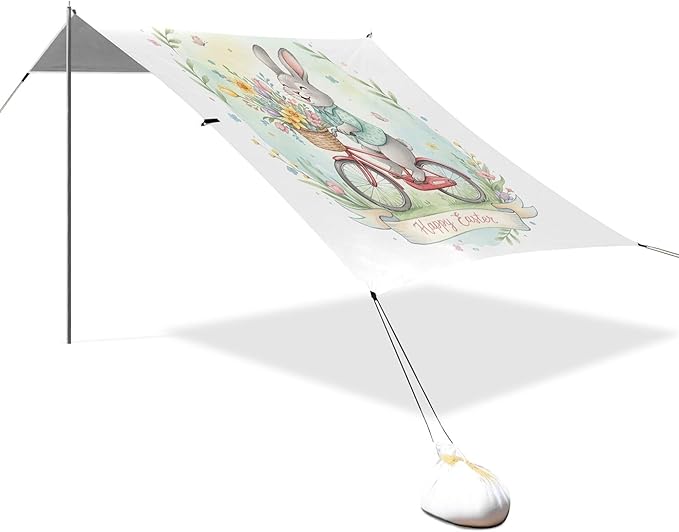 Easter Bunny Beach Canopy Sun Shelter with Sandbags &amp Sand Shovel &amp Windproof Ropes - Portable 110x126 Beach Shade Beach Tent for Camping Picnics