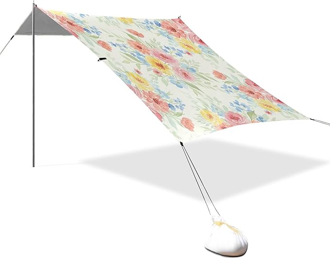 xigua Wlidflowers Beach Tent Sun Shelter with Carrying Bag - Silver Coated Oxford Fabric Beach Canopy for Beach Camping Fishing - Includes Windproof Ropes Sandbags &amp Stakes