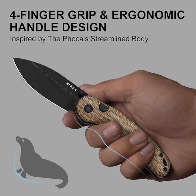 Kizer Phoca BD Pocket Knife 2.95 Drop Point 14C28N Blade Folding Knives with Brown Norplex UltreX™ Micarta Handle Thumb Stud EDC Knife for Men Women V3781BDA1