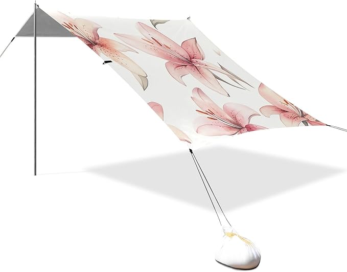 ALAZA Cute Chic Lily Pink Floral Flower Beach Tent Sun Shelter Portable Canopy Sunshade for Outdoor Camping Picnics Backyard Fun 10x9 ft