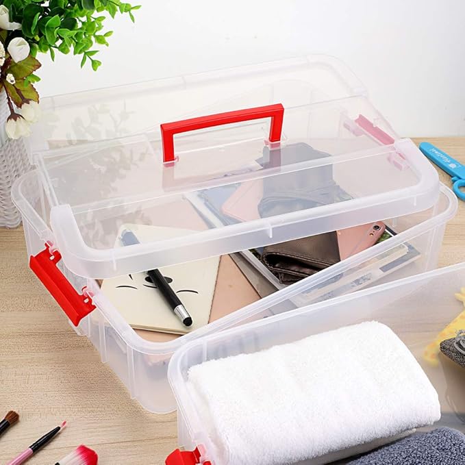 JUXYES 2-Tiers Stack Carry Storage Box With Handle Transparent Stackable Storage Bin With Handle Lid Latching Storage Container for School &amp Office Supplies (Red)