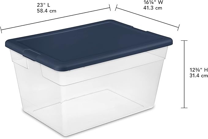 Sterilite Storage Box Clear Plastic Stackable Bin Tote with Lid 56 Quart Marine Blue