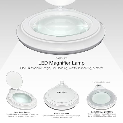 (5 inch Glass Lens) Professional LED Magnifying Lamp with Clamp Dimmable 1200 Lumens 5600K-6000K Daylight Bright 60 SMD LED Work Light Mounting Bracket Clamp (3 Diopter) BoliOptics MG16303121