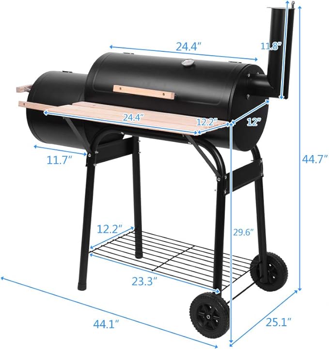 BBQ Charcoal GrillOutdoor Patio Barbecue Cooker with Offset SmokerTray &amp WheelsBarrel BBQ Grill for Outdoor Balcony PicnicsParty and Camping
