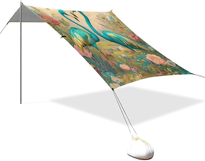 ALAZA Green Flamingos Beach Tent Sun Shelter UPF50+ Protection Beach Shade Canopy w/ 4 Sandbags for Outdoor Camping Fishing Backyard Fun Picnic 10x9 ft