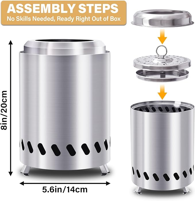 HGD Small Tabletop Fire Pit 8.0 x 5.5 in Portable Mini Smokeless Table Top Firepit Low Smoke Camping Stove for Outdoor/Patio with Travel Bag &amp Forks Fueled by Pellets/Wood Stainless Steel Si
