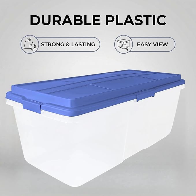 (2 Pack) 113 Quart Clear Storage Bin with Smoke Blue Lid Heavy-Duty Stackable Storage Container with Secure Latches for Home Garage Attic Closet Organization