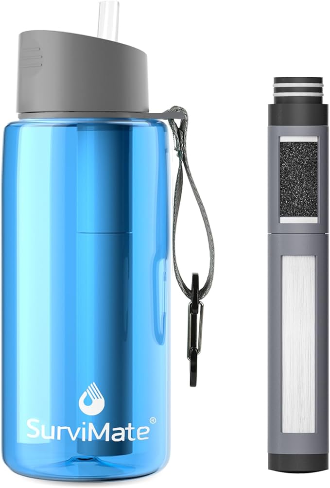 SurviMate 5-Stage 0.01μm Ultra-Filtration Filtered Water Bottle BPA-Free Material NSF/ANSI 42&amp372 Certified Portable Water Filter Bottle for Survival Camping Hiking and Emergency Use