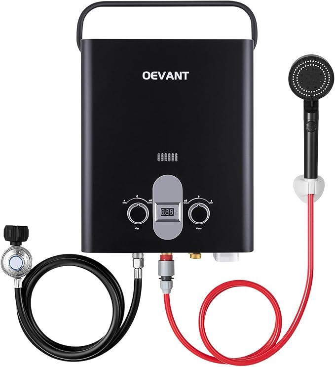Propane Water Heater 1.32 GPM 5L Portable Tankless Water Heater with Overheating Protection Upgrade Screw-free Back Shell Instant Hot Water for RV Camping Outdoor Shower (BLACK)