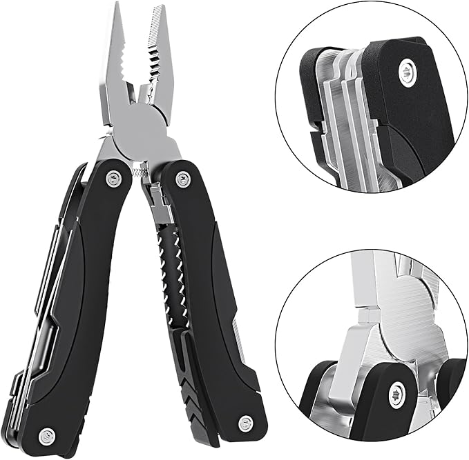 Car and Driver CAD-KH1034 12-in-1 Multitool with LED Flashlight – Stainless Steel USB Rechargeable Compact Folding Pocket Tool with Pliers Screwdrivers Knife Saw &amp More – Portable EDC Tool