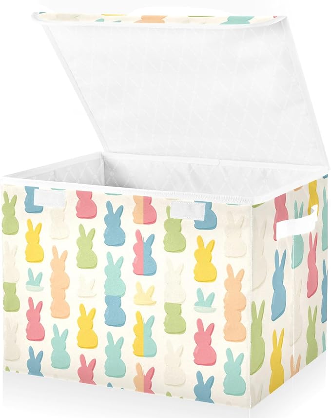 Beige Cartoon Rabbit Easter Storage Box with Lid 1 PC Foldable Storage Bin with Lids Stackable Storage Bins Cube Closet Organizer Basket with Flip-Top Lid &amp Handles for Shoes Books Towels