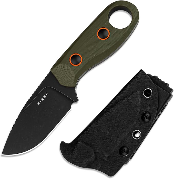 Kizer Beaver Fixed Blade Knife with Sheath 2.75 D2 Blade EDC Camping Fixed Blade Knife with Olive Green G10 Handle Small Bushcraft Survival Knives Outdoor Hunting Knives for Men Women 1078A1