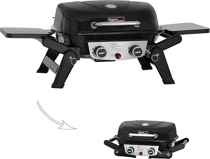 Royal Gourmet GT2005 2 Burner Portable Propane Gas Grill with Foldable Side Tables &amp Foldable Support Legs Tabletop Gas Grill with Warming Rack for Outdoor Cooking &amp Grilling Black