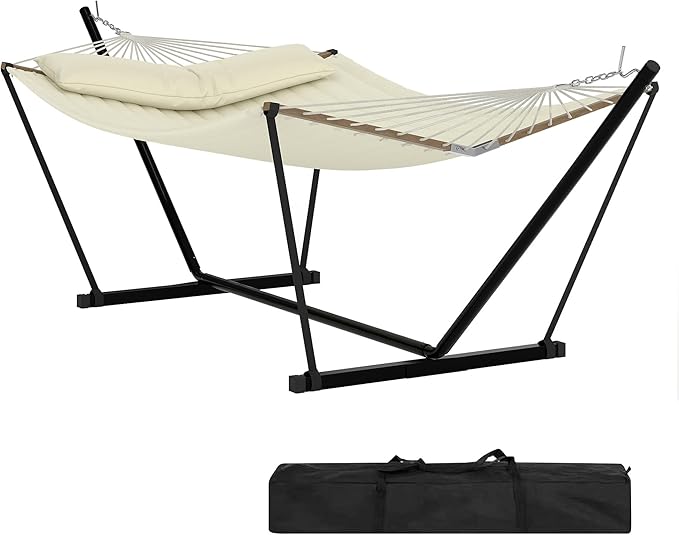 2 Person Double Hammock with Adjustable Steel Stand &amp Pillow Heavy Duty Portable Outdoor Hammock Set MAX 450 LBS Weight Capacity for Patio Garden Beach Backyard