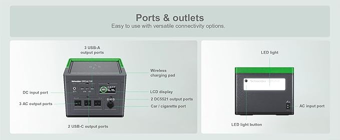 Schneider OffGrid 738Wh Portable Power Station PPS730 Portable Solar Generator with Wireless Charging Pad for Camping or Home