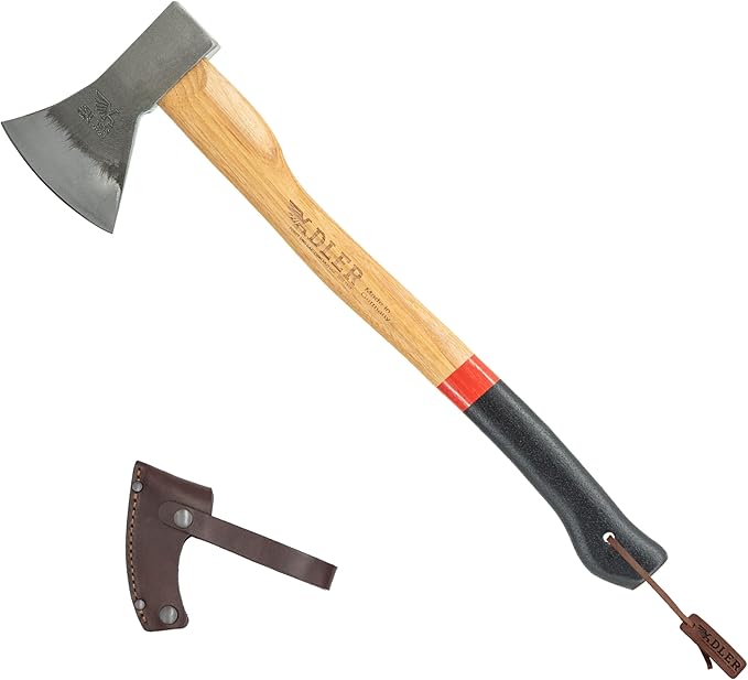Adler Canoe Axe – Made in Germany Camping Bushcraft w/ 20 in Hickory Handle Leather Sheath Anti-Slip Grip 1-1/4 lb Head C60 Carbon Steel Lightweight for Kindling Firewood Hiking Outdoors (A3)
