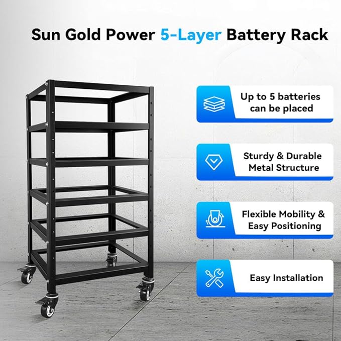 SUNGOLDPOWER 3U Stackable Server Rack 5-Layer with Wheels Compatible with 48V 100Ah Rack Batteries Universal Rack Ventilation Design Ideal for Home Solar and Energy Storage