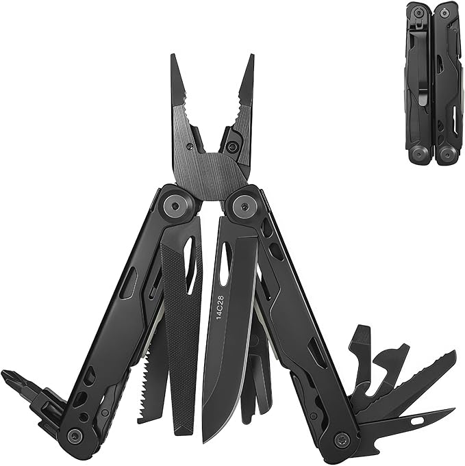 Multitool 20-in-1 Full-Size Lightweight EDC Multi-Purpose Pliers Pocket Knife Tactical Gear Nylon Bag Tools Gifts for Guys Equipment for Emergencies Hiking and Outdoor Camping (Black)