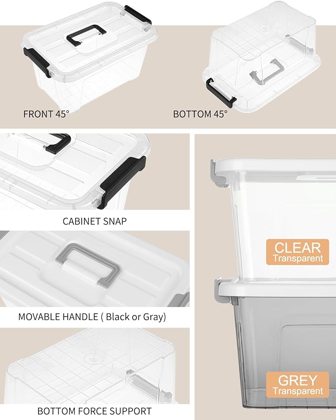 NUMIFUN 12 Pack Clear Plastic Storage Bins with Buckle Handle Lids 6 Clear and 6 White Lids 7 Quart for Home Office Pantry Organization.