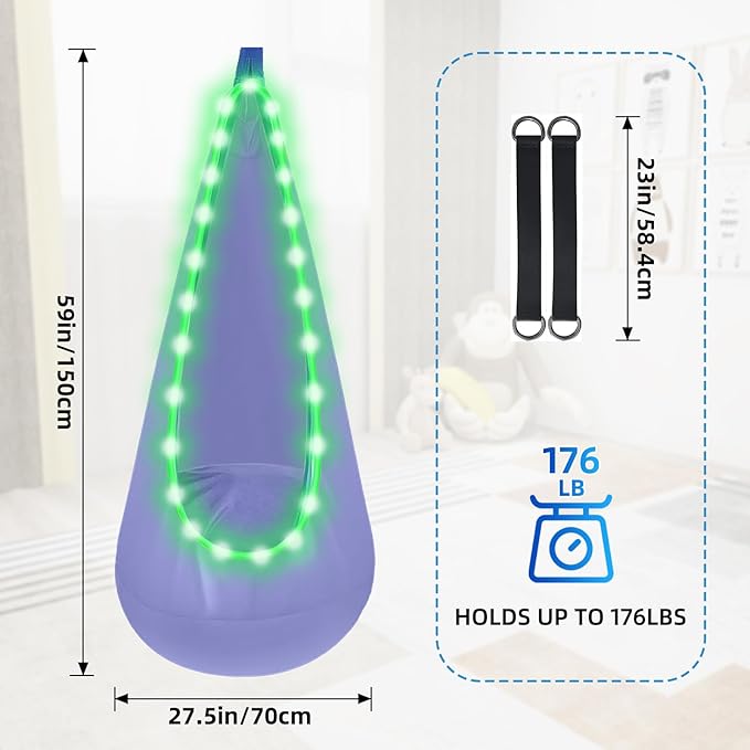 Light Up Swing Chair Hammock Chair Indoor Outdoor for Kids Pod with LED Lights Soft and Safe 176 lb. Load Capacity Easy Installation Perfect for Bedroom Garden and Playroom (Violet)