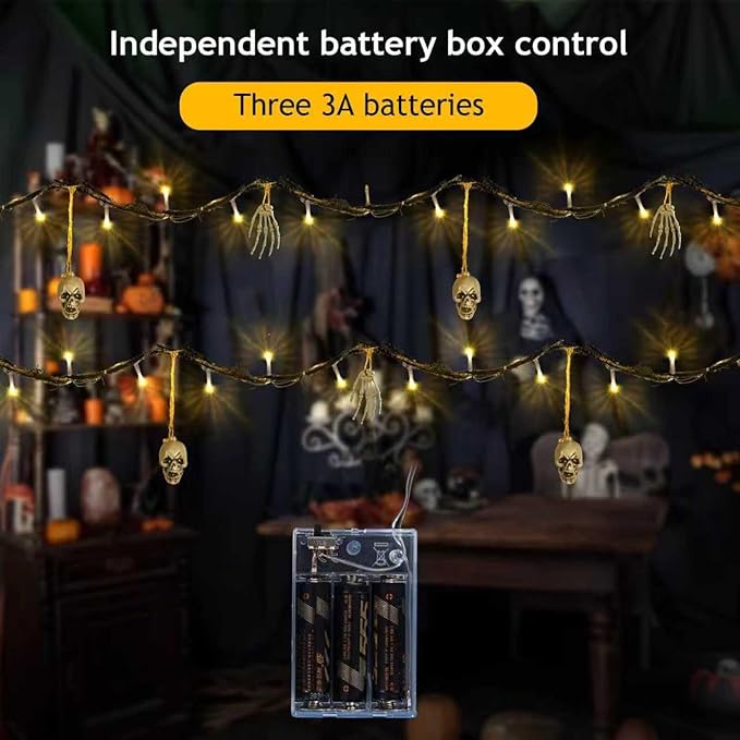 Halloween Indoor Outdoor 6FT Lights Decor 26LED Hanging Skeleton Bone Hand String Lights Battery Operated Spooky Halloween Wreath Door Patio Party Decoration