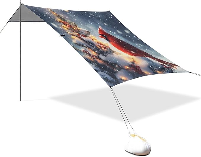 ALAZA Christmas Tree Cardinal Bird Beach Tent Sun Shelter UPF50+ Protection Beach Shade Canopy w/ 4 Sandbags for Outdoor Camping Fishing Backyard Fun Picnic 10x9 ft