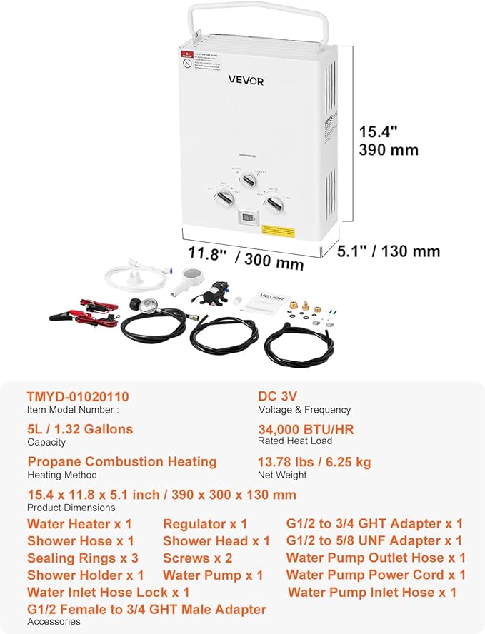 VEVOR Portable Propane Water Heater 5L Tankless Outdoor Water Heater 34000 BTU 1.32 GPM Instant Hot Water with Accessory Set + Regulator +Water Pump for RV Camping Trips Cabins Barns