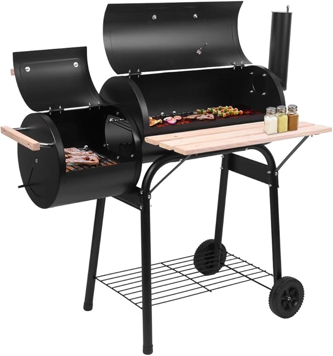 Outvita BBQ Charcoal Grill Outdoor Patio Barbecue Cooker with Offset Smoker Wheels and Tray for Balcony Picnics Party and Camping