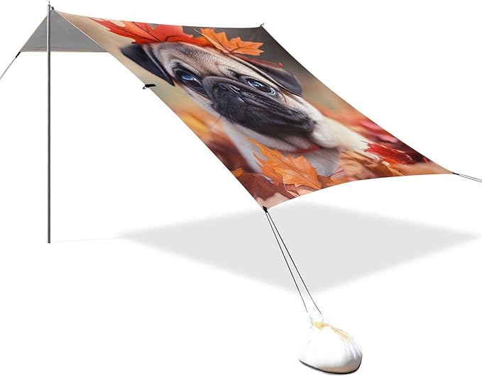 ALAZA Pug Puppy Dog Maple Leaves Beach Tent Sun Shelter Portable Canopy Sunshade for Outdoor Camping Picnics Backyard Fun 10x9 ft