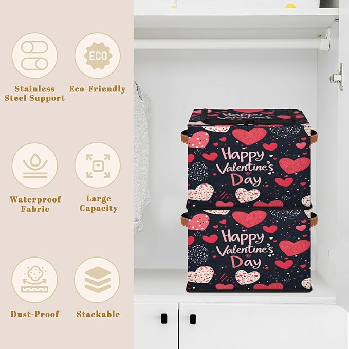 Happy Valentine Storage Bins with Zipper Lid Love Heart Fabric Lidded Storage Baskets Cubes with Handles Decorative Foldable Shelf Closet Organizer Container