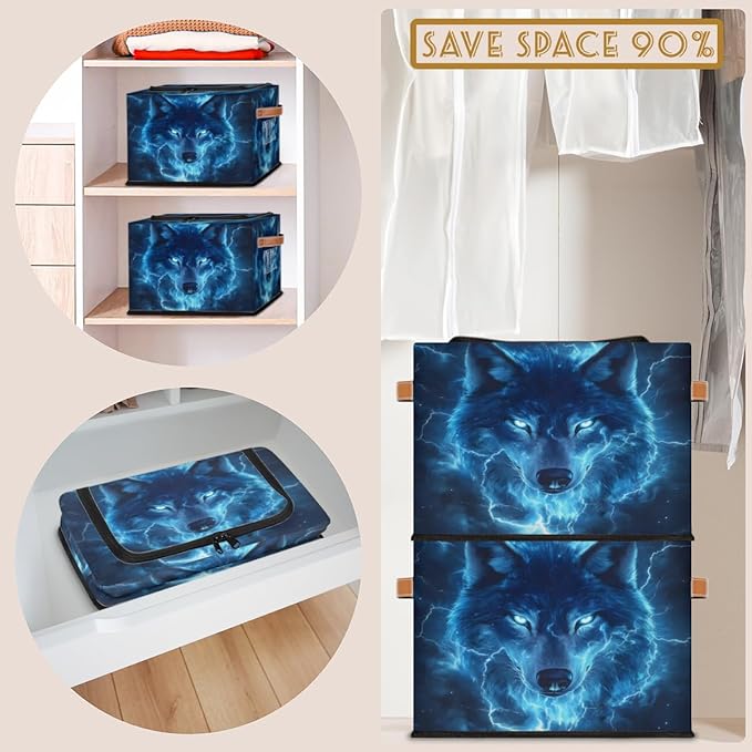 Wildlife Wolf Storage Box with Lid Cool Wolf Collapsible Storage Bins Baskets Cubes Closet Shelf Clothes Organizer Containers with PU Leather Handles