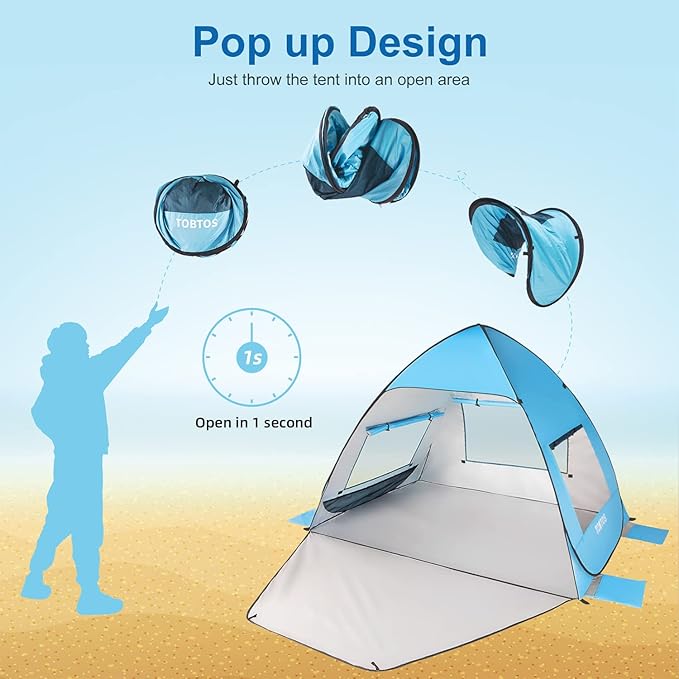 TOBTOS UPF 50+ Pop Up Beach Tent Easy Set Up Beach Umbrella Sun Shelter for 2-3 People UV Protection Portable Sunshade Baby Canopy Cabana Lightweight with Carry Bag