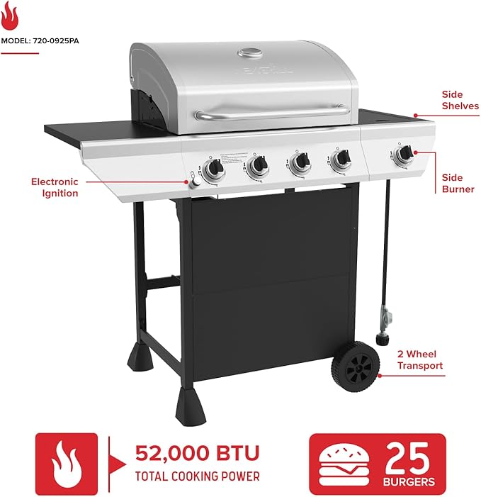 Nexgrill 4-Burner Propane Gas Grill with Side Burner 52000BTUs 562 SQ. In. Cooking Space BBQ Grill with Stainless Steel Lid &amp Control Panel for Outdoor Cooking Patios and More - 720-0925PA
