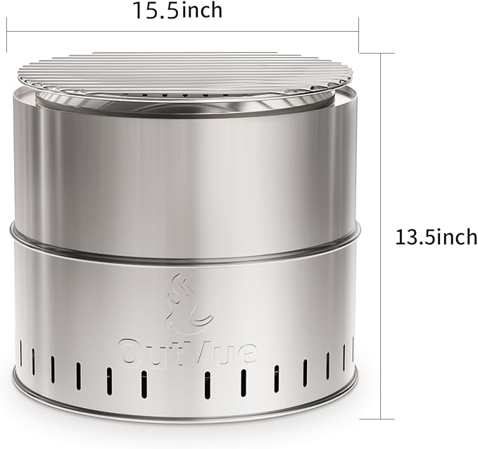 OutVue 15.5 inch Stainless Steel Smokeless Fire Pit with Grill Outdoor Smokeless Firepit Wood Burning Fire Pits for Camping Bonfire Low Smoke Firepit for Outside (Vertical Hole)