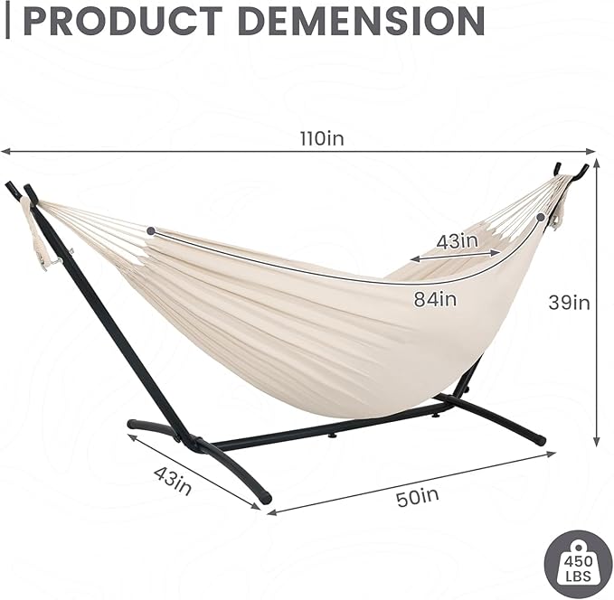 Lazy Daze Hammocks Double Hammock with 9ft Space-Saving Steel Stand Includes Portable Carrying Case 450 Pounds Capacity (Natural)