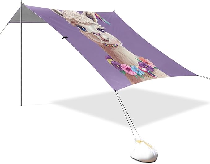 ALAZA Cute Llama Alpaca Wreath Beach Tent Sun Shelter UPF50+ Protection Beach Shade Canopy w/ 4 Sandbags for Outdoor Camping Fishing Backyard Fun Picnic 10x9 ft
