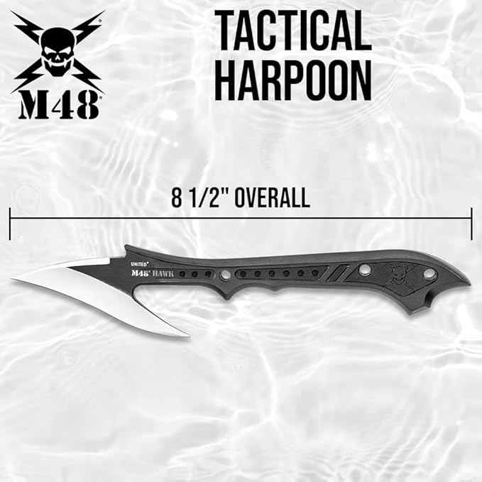 M48 Hawk Harpoon with Molded Locking and Sheath | Stainless Steel Blade | Wicked Curve for Multiple Purposes | Lashing Holes for Attachment | Great for Hunting and Fishing | Rubberized Molded Sheath