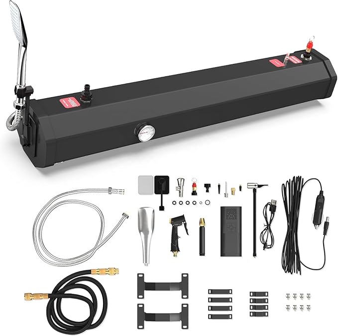 Self-Pressurizing Camping Shower 7.93 Gallon - Portable Road Shower with 5.58ft Hose Roof Rack Mountable for SUV RV Truck Overlanding &amp Beach Travel Black/Silver