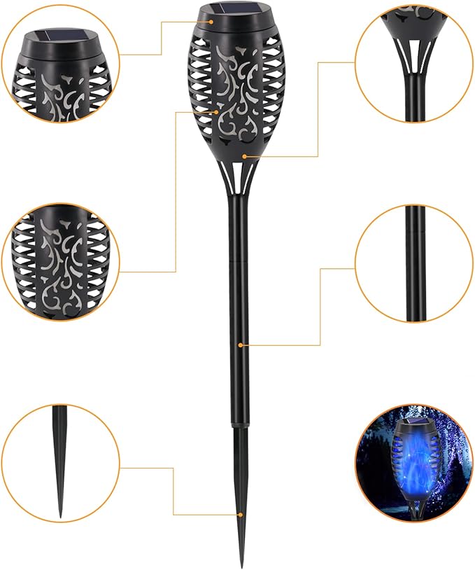 Outdoor Solar Lights Blue 12 Pack Solar Torch Lights with Flickering Flame Waterproof Mini Tiki Torches for Landscape Garden Pathway Dusk to Dawn Auto On/Off