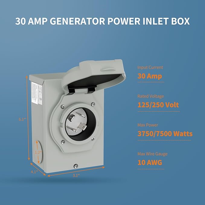 30 Amp Generator Inlet Box - NEMA L14-30P Power Inlet Box for 4 Prong Generator Cord 125/250V 7500W 30a Power - ETL Listed Weatherproof for Outdoor Use