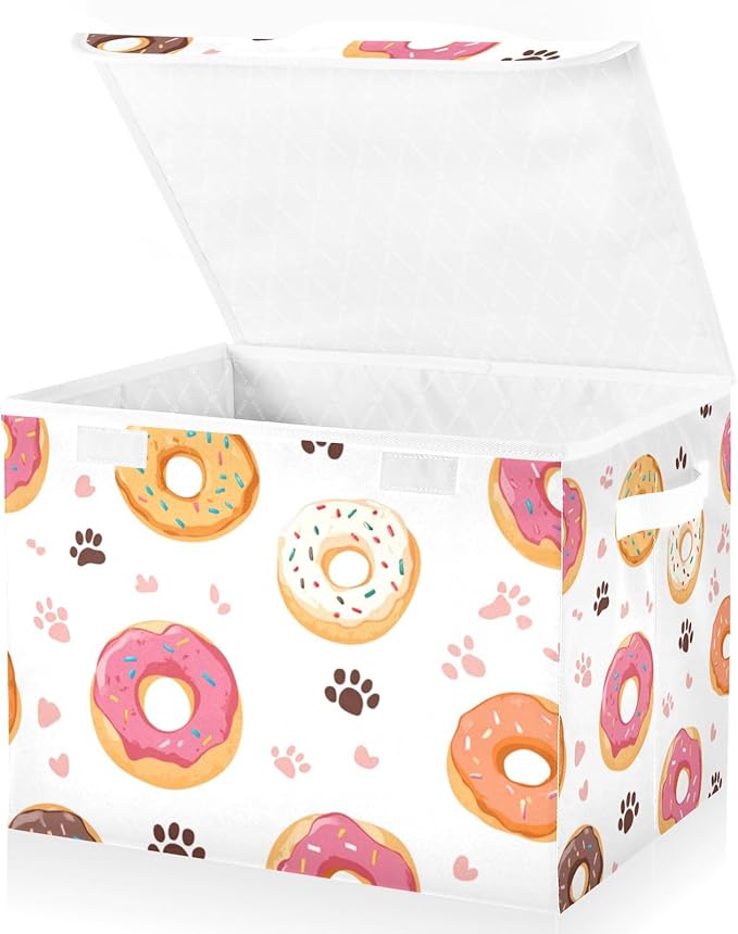 Collapsible Storage Bins with Lids Decorative Fabric Storage Cubes Closet Organizer and Storage Basket Boxes Containers for Clothes Box Chest Nursery Folding Rectangle Doughnuts Paw Prints Wh