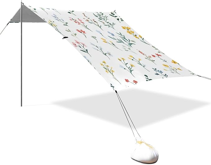 Little Spring Flowers Foldable Beach Canopy UPF50+ Lightweight Large Portable Sun Shelter with Sandbags Sand Shovel Poles for Camping Picnics Backyard