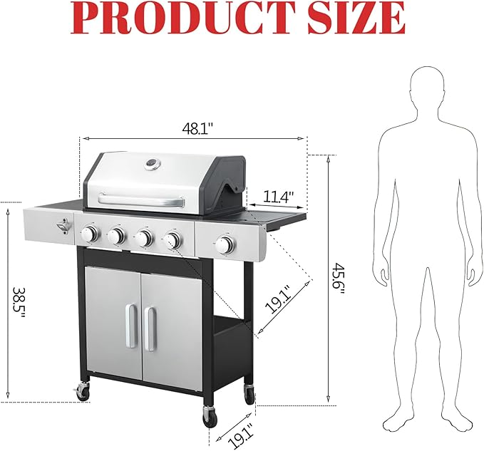 3-Burner Propane Gas BBQ Grill Stainless Steel Propane Grill 36900 BTU Outdoor Cabinet Style with Wheels Wire Rack and Two Foldable Side Table for Outdoor Barbecue Cooking (5-Burner GrillSilver)